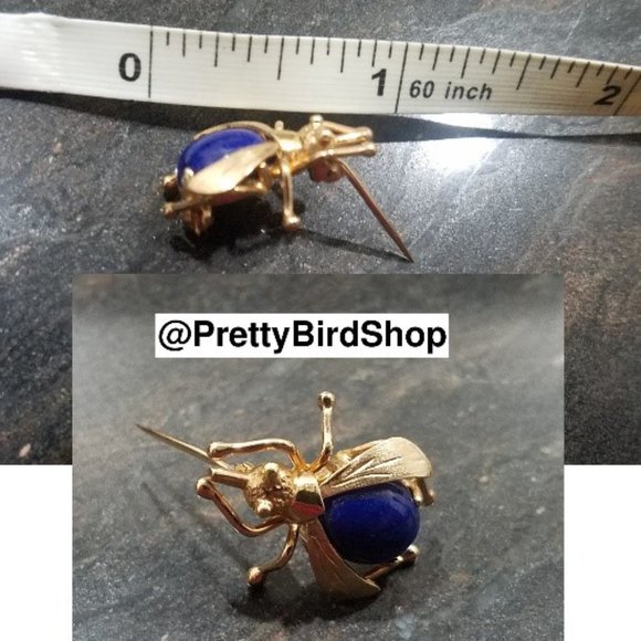 18K Gold Lapis Lazuli BEE pin new vintage artisan RARE deco animal bumblebee - Picture 8 of 9